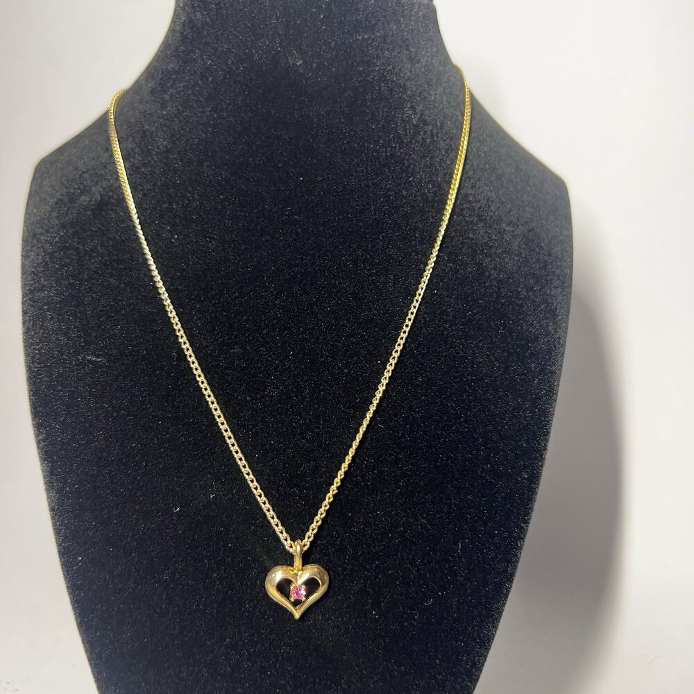 Vintage Gold Tone Pink Rhinestone Heart Pendant Necklace Dainty Curb Chain